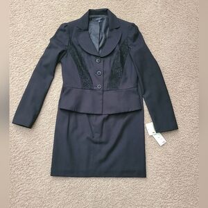 Nine West 2pc Skirt Set Black Blazer with Lace Accents.